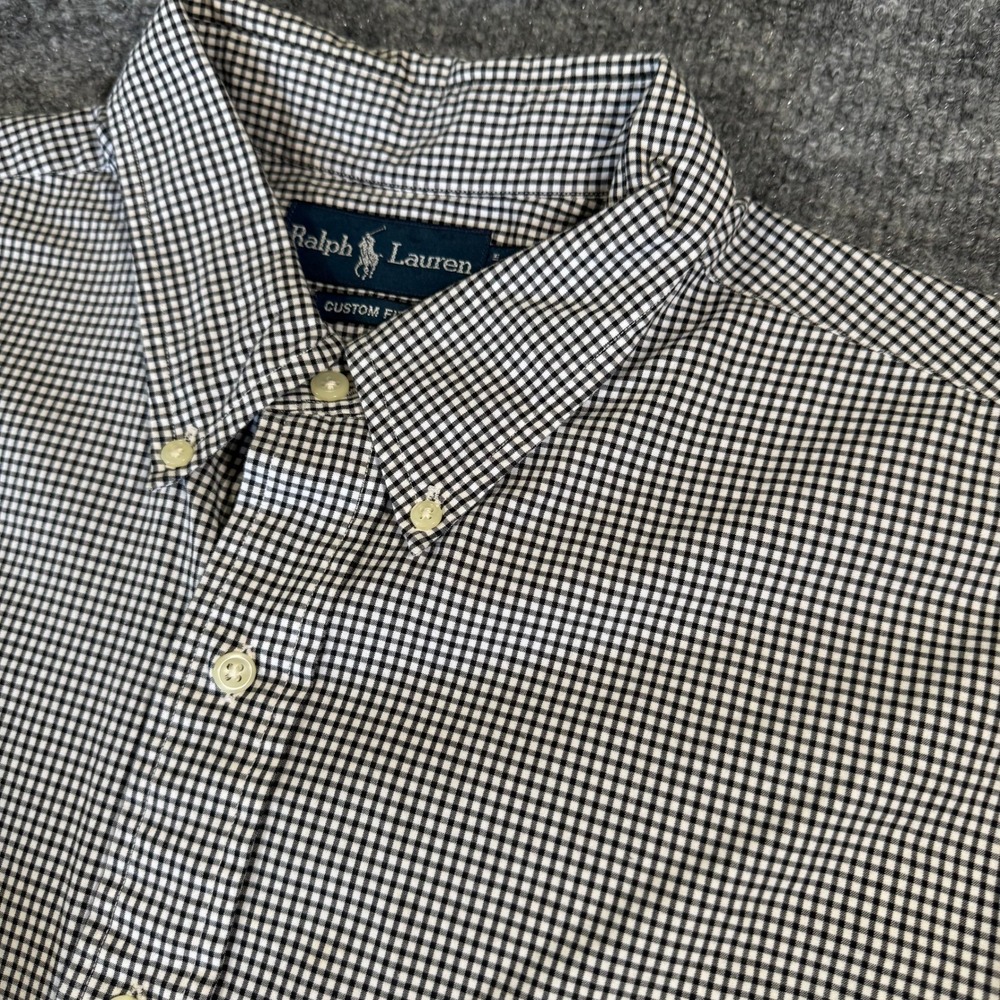 Ralph Lauren Dress Shirt Mens 17.5 34/35 Gingham Cotton Custom Fit Black White